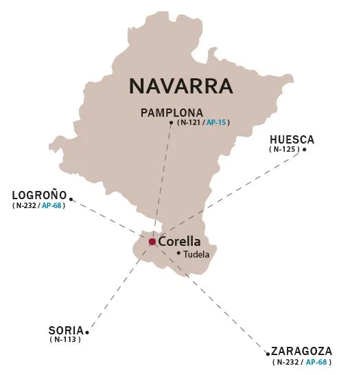 Mapa con Corella y las provincias a las que se reparte